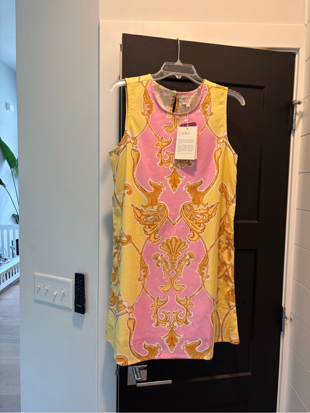 Beyond By Vera Frankie Dress Sirens Blush Large NWT Pink Yellow Shift Midi Mini - Picture 8 of 15